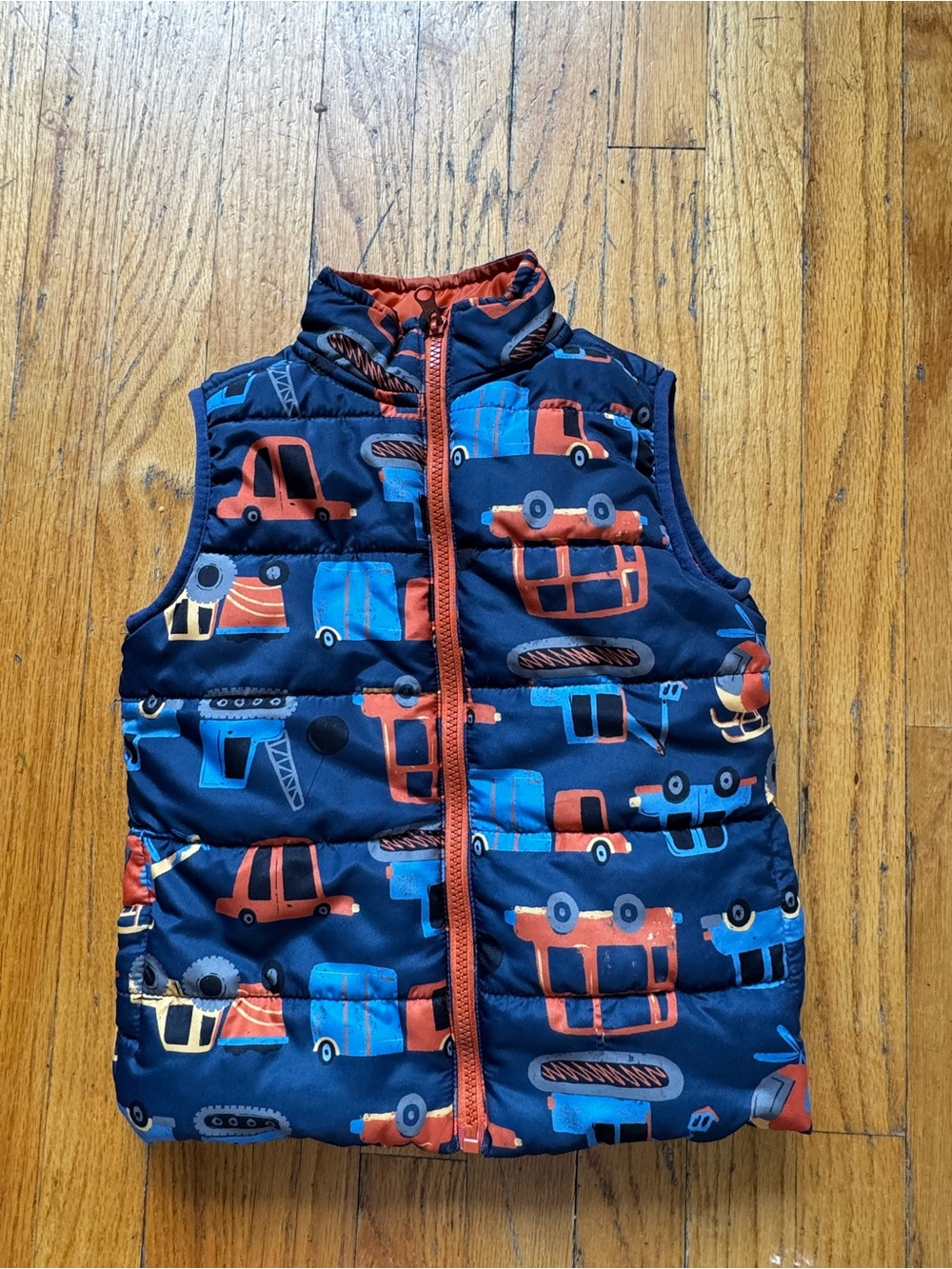 Kids Headquarters Navy Puffer Vest with Red & Blue Truck Print